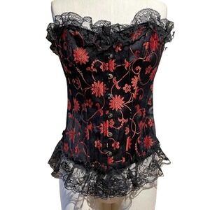 Overbust Lace Corset Black Red Satin Bustier 10-2XL